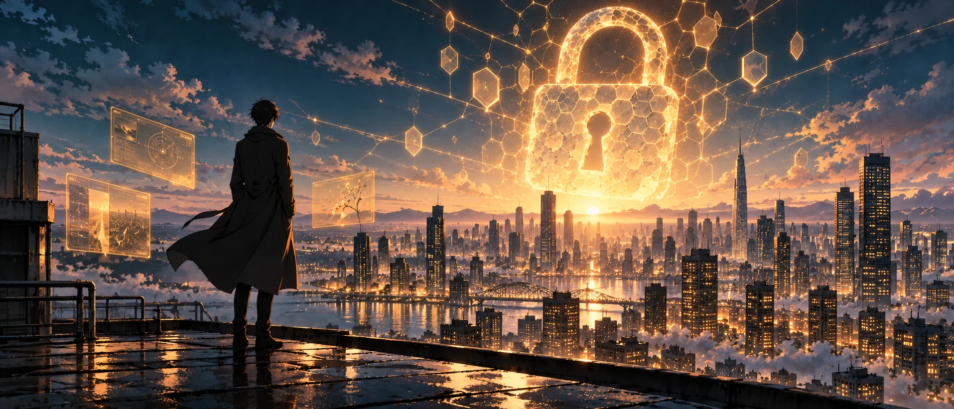 The same rooftop at dawn: the padlock is whole again, rebuilt from an amber hexagonal lattice, and the city lights are back
