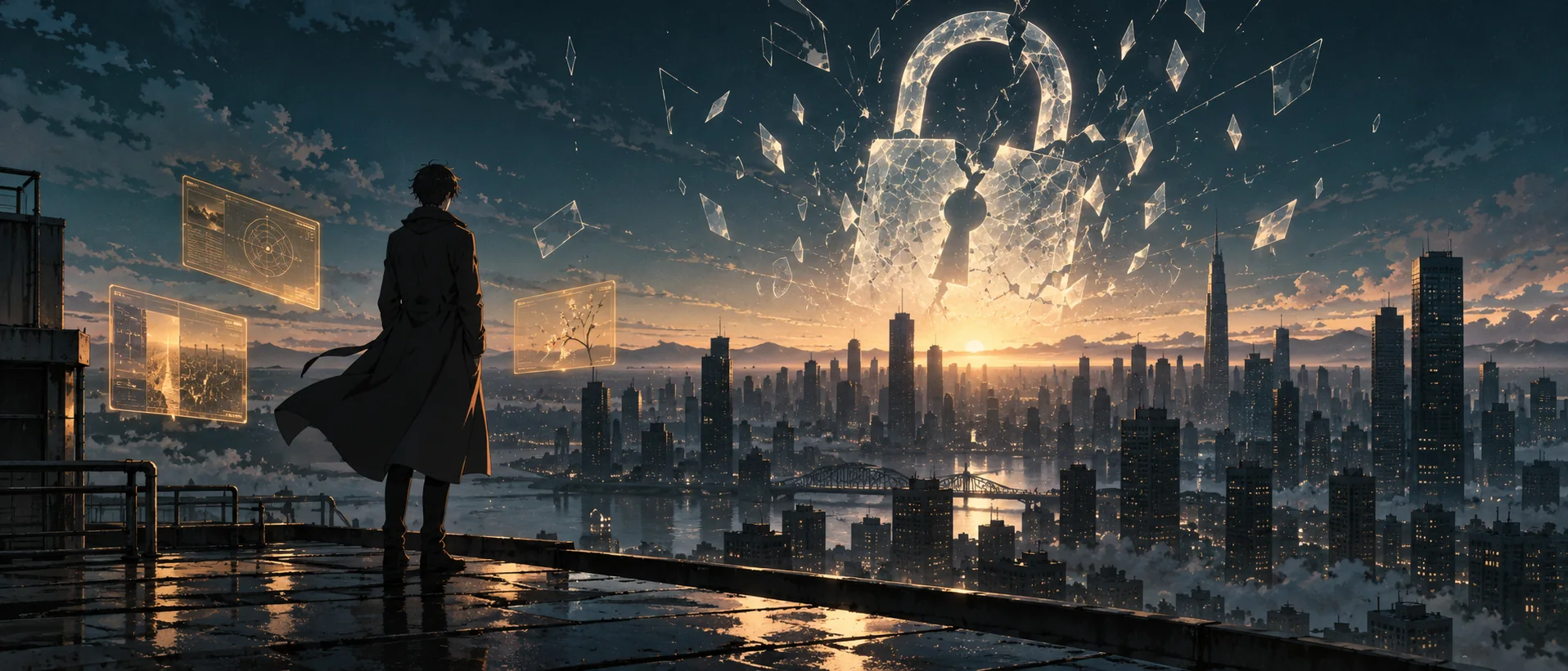 A figure in a long coat on a rooftop watches a pale padlock crack apart above a city going dark